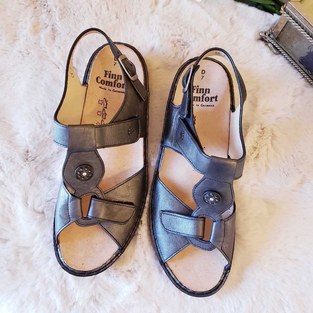FINN COMFORT Adana Pewter Corten Leather T Strap Sling Silver Sandal Women US9.5 - Picture 12 of 16